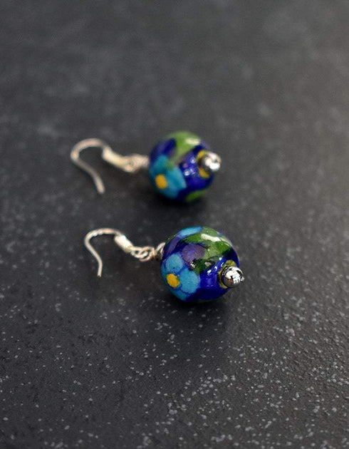 Single Blue Pottery Bead Earrings ( Blue & Green)